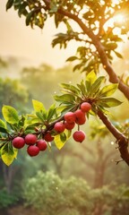 Poster - Red Fruits on a Branch with Green Leaves in Sunlight.