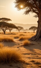 Wall Mural - Golden Desert Sunset with Acacia Trees.
