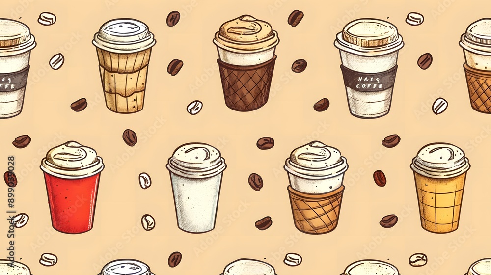 Seamless Coffee Pattern with Cups and Beans, Hand-Drawn Style, Ideal ...