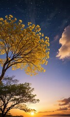 Poster - Golden Tree Sunset and Starry Sky.