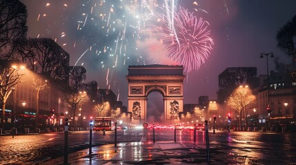 Wall Mural - New Year fireworks display over the Arc de Triomphe in Paris. France
