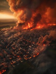 Poster - A large fire engulfs a town, with flames and smoke rising into the air. AI.