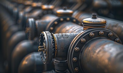 Wall Mural - A close-up of industrial pipes and valves. AI.