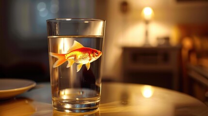 Wall Mural - A goldfish swims in a glass of water. AI.