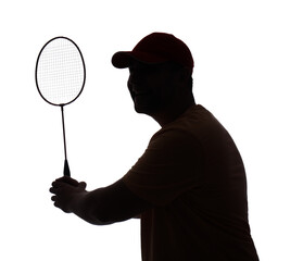 Wall Mural - Silhouette of young man in cap playing tennis on white background