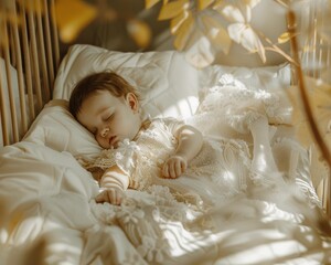 Poster - A baby girl peacefully sleeping in a crib. AI.