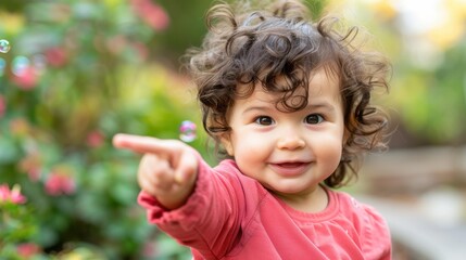 Wall Mural - A little girl smiles and points while looking at bubbles. AI.