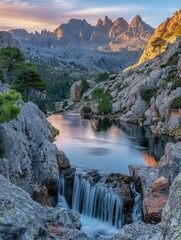 Poster - A waterfall cascades into a tranquil lake surrounded by rugged mountains. AI.