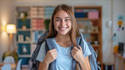 Canvas Print - A young woman with a backpack smiles at the camera. AI.