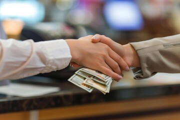 Canvas Print - Two people shake hands with a stack of money in between them. AI.