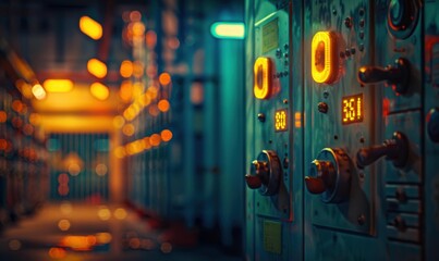 Wall Mural - A close-up of a control panel with illuminated buttons and switches. AI.