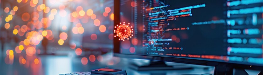 A modern computer screen displays code with a digital virus illustration, symbolizing cybersecurity challenges and technology impact.