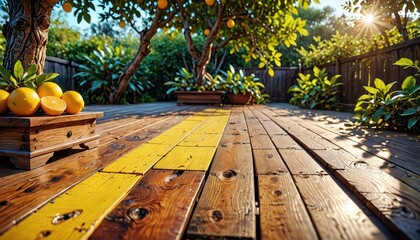 Canvas Print - Wooden Deck With Yellow Paint and Oranges.