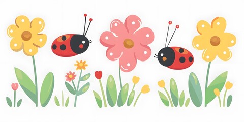 Wall Mural - Ladybugs Flying Over Flowers Illustration