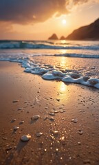 Canvas Print - Golden Sunset on the Beach with Foamy Waves.