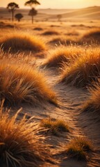 Wall Mural - Golden Grass Path at Sunset.