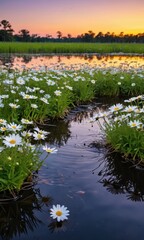 Poster - Daisies in a River at Sunset.