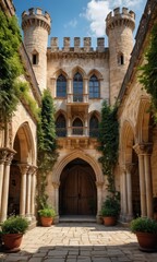 Canvas Print - Stone Courtyard with Arched Entryway and Towers.