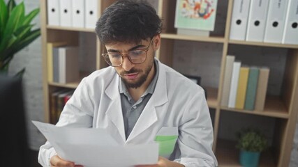 Sticker - Concentrated young man with beard wearing glasses analyzing papers in a medical clinic office.