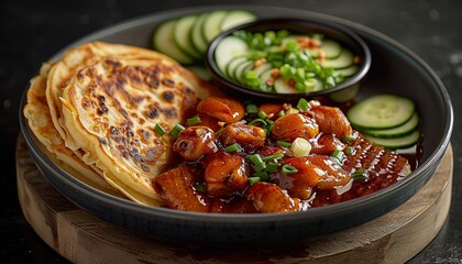 Canvas Print - Peking duck with pancakes, cucumber, spring onions and hoisin sauce 