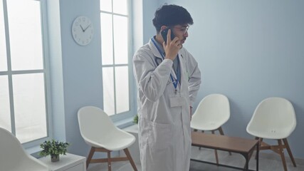 Wall Mural - A young man in a lab coat talks on a smartphone in a clean, modern clinic waiting room, conveying a professional healthcare setting.