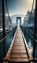 Poster - Wooden Bridge Over Water With Fog in the Background.