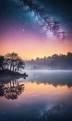 Wall Mural - Milky Way Reflection in Still Lake Water at Dusk.