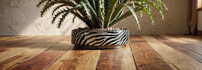 Sticker - Spiky Plant in Zebra Print Pot on Wooden Floor. with copy space for text