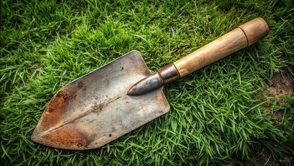 Wall Mural - Rustic wooden handle shovel with worn metal blade and subtle wood grain texture resting on a grassy lawn background.