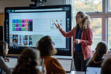 teacher presenting to a classroom with a large interactive display