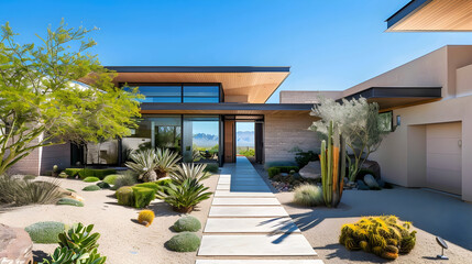 Wall Mural - Contemporary home exterior under a clear blue sky, showcasing a minimalist entryway with a pivot door and sculptural landscaping