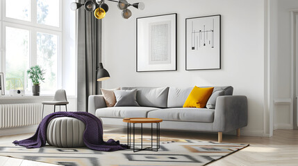 Wall Mural - Contemporary living room featuring a Scandinavian-style gray sofa, vibrant geometric cushions, a soft lavender blanket, and a minimalist black chandelier