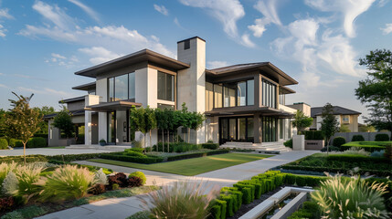 Wall Mural - Contemporary luxury home exterior in neutral tones, surrounded by manicured gardens, under a clear blue sky with soft cloud cover.