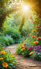 Sticker - Sunlit Garden Path with Colorful Flowers.