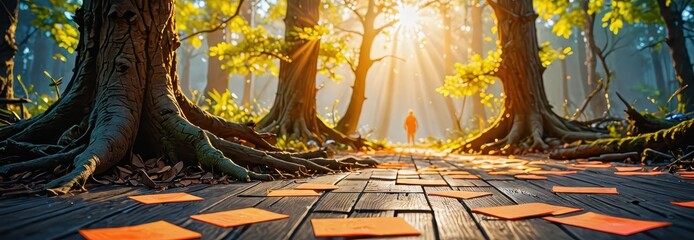 Sticker - Sunlit Forest Path with Orange Leaves.