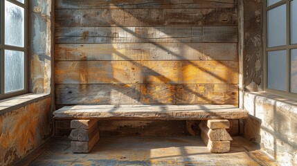 Sunlight streaming through two windows is illuminating an empty rustic wooden bench built into a wall made of reclaimed wood