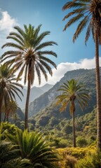 Wall Mural - Palm Trees Against Mountain Range Landscape.