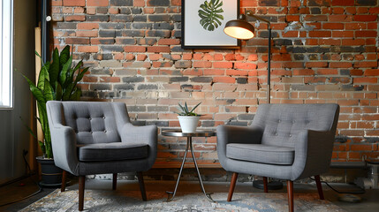 Cozy gray armchairs against a brick wall, paired with a metal coffee table holding succulents and a warm floor lamp