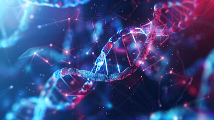 3d rendering of blue and orange DNA on dark background with bokeh effect