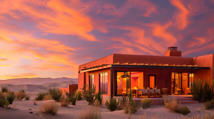 Desert adobe house with terracotta walls, wooden vigas on the roof, and panoramic views of sand dunes under a fiery sunset