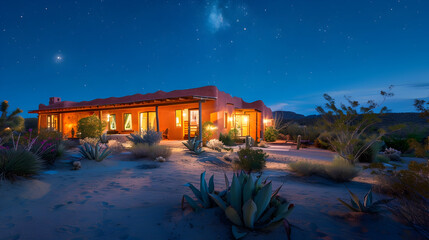 Wall Mural - Desert oasis retreat with an adobe house, vibrant cacti garden in bloom, and panoramic views of sand dunes under a starry night sky