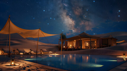 Wall Mural - Desert oasis with a luxury tented camp, serene pool surrounded by sand dunes, and a starry night sky overhead