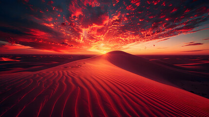 Wall Mural - Dramatic sunset over a vast desert, fiery red and orange clouds casting shadows over the dunes