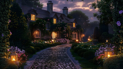 Elegant countryside manor with ivy-covered walls, lantern-lit stone pathway, and blooming gardens under a twilight sky