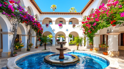 Elegant Mediterranean courtyard with white stucco arches, vibrant bougainvillea, and a sparkling blue fountain under a cloudless sky