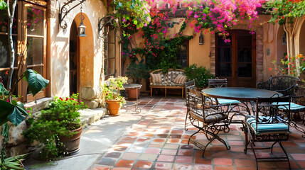 Wall Mural - Elegant Mediterranean courtyard with terracotta tiles, wrought iron furniture, and cascading bougainvillea, basking in warm afternoon light