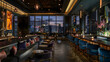 © Pretty Panda - Elegant rooftop bar with panoramic city views, modern decor, plush velvet chairs, and artistic lighting installations