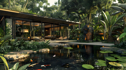 elegant pavilion with glass walls, surrounded by lush tropical gardens and a tranquil koi pond at a 