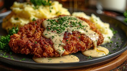 Fried Chicken Steak with Mashed Potatoes and Creamy Gravy