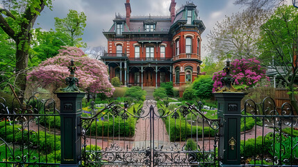 Wall Mural - Elegant Victorian mansion with a red-brick facade, intricate ironwork, and a manicured garden in full bloom